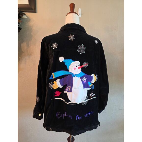 The Quacker Factory Women's Velvet Holiday Christmas Jacket SZ 1X Snowman - Picture 1 of 9